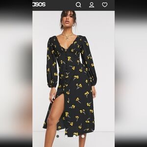 ASOS DESIGN V-neck button through midi dress with shirring in floral print